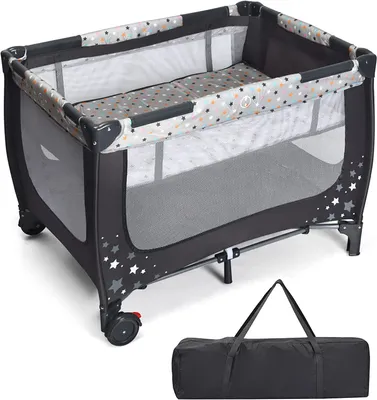 Produktbild von GOPLUS 2 in 1 Baby Reisebett mit Matratze, Baby Laufstall mit Netzwand & 2 Rädern mit Bremse, Klappbares Kinderbett aus Oxford-Tuch für Baby
