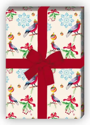 Produktbild von Vogel Weihnachts Geschenkpapier für liebevolle Geschenke mit Kugeln, beige - G8122, 32 x 48cm