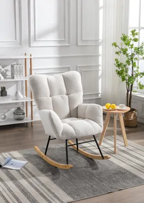 Obrázek produktu pro MODFU Moderní houpací křeslo z Teddy látky s vysokým opěradlem, patchworkové křeslo s kovovým rámem, houpací křeslo relaxační křeslo retro křeslo pro ložnici, obývací pokoj, bílé