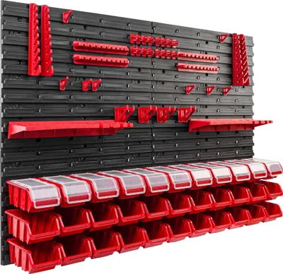 Obrázek produktu pro 33 stohovacích boxů Nástěnná police s plastovým víkem 115 x 78 cm Držák na nářadí Dílenský garážový skladovací systém Pohledové úložné boxy Žlab