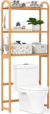 Image de COSTWAY Étagère de toilette en bambou à 3 niveaux, étagère de salle de bain avec 3 crochets, armoire de surélévation indépendante, étagère pour machine à laver 71,5 x 25 x 166 cm