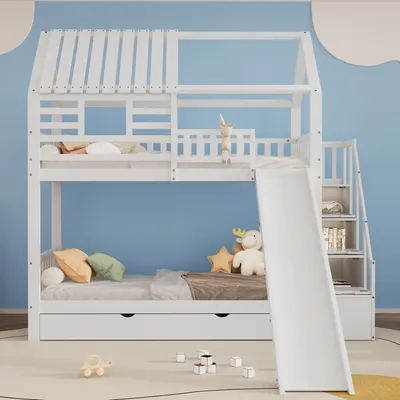 Image de Flieks Lit superposé 90x200cm avec protection contre la chute, lit d'enfant lit de maison avec sommier à lattes, lit surélevé avec escalier et tiroir, lit de rangement lit superposé, blanc