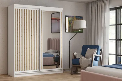Obrázek produktu pro Šatní skříň s lamelami a zrcadlem 120 cm WARDERO - bílá / dub artisan