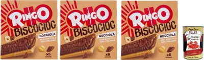 Produktbild von Pavesi Ringo Bisco Cioc Nocciole, Mit Sahne gefüllter Keks mit 100% italienischen Haselnüssen und Schokoladenüberzug für einen süßen und leckeren Snack, 3x 162g + Italian Gourmet polpa 400g