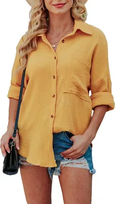 Image de ASKSA Chemisier Femme Boutons Manches Longues Chemises Oversize Tunique Revers Chemise Manches Longues Haut, Jaune, XL