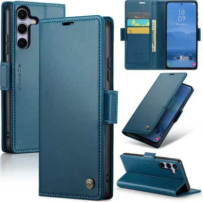 Produktbild von Lederhülle für Samsung Galaxy S25 FE Brieftasche Kartenfach Schutzhülle mit Standfunktion Blau