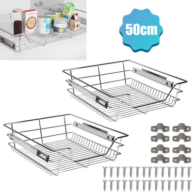 Obrázek produktu pro Pevná teleskopická zásuvka, kuchyňská zásuvka, výsuv pro skříň, korba, předmontovaná, chromovaná, stříbrná, 50 cm