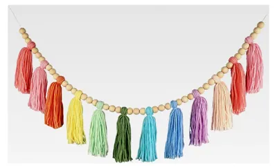 Produktbild von Makramee Wandbehang, Handgefertigte Regenbogen Wanddeko mit Holzperlen und Quaste für Wohnzimmer und Schlafzimmer
