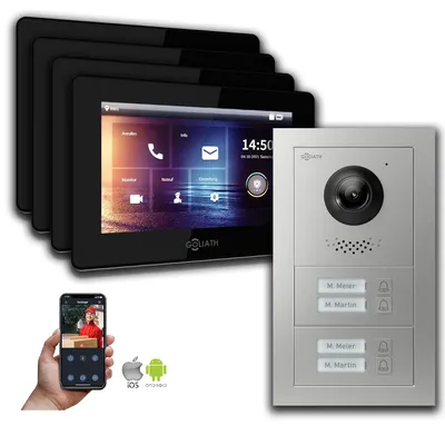 Image de Interphone vidéo Goliath IP 4-Fam. 7 pouces Handy App : Boîte d'encastrement : 7 pouces en noir Boîte de montage de la sonnette : Boîte d'encastrement Sélection du moniteur : 7 pouces en noir