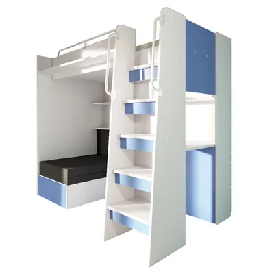 Produktbild von Marlux-Meble Hochbett JSM-7 90x200 TREPPE RECHTS mit Schreibtisch Schränke und Ausklappbares Sofa 70x180 Matt Funktionsbett Etagenbett Stockbett Kinderhochbett Jugendhochbett (Hellblau Matt)