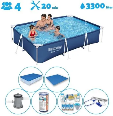 Image de Piscine rectangulaire - 300 x 201 x 66 cm - Bleue - Avec pompe - Filtre - Kit d'entretien - Couverture de fond - Couverture - Kit de nettoyage