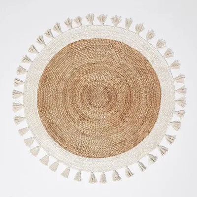 Runder Jute-Teppich, beige-weiß, handgeflochten, Ø 150 cm, wendbar