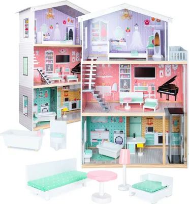 A detailed view of a wooden dollhouse with multiple rooms and furniture, presented from a slightly angled perspective.
