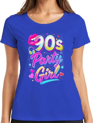 Produktbild von 90s Party Girl Neon Lippen Kopfhörer Herzen Sterne Retro 90er Damen T-Shirt, Blau, L
