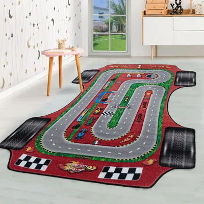 Produktbild von Homebyhome Kinderteppich Rennstrecke Design Jungen Teppich, Spielteppich Kinderzimmer Teppich, Robust und Pflegeleicht Grösse 80x120 cm