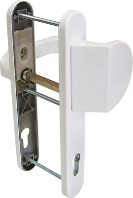 A white door handle mechanism with visible internal components, set against a white background.