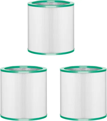 Three cylindrical air filters with green rims are arranged in a triangular formation on a white background.