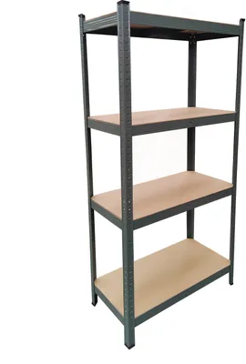 A four-tier metal shelving unit with wooden shelves, presented against a white background.