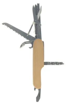 Immagine prodotto di Versatile coltello tascabile in acciaio inox con manico in legno di faggio e 11 utensili: il compagno di viaggio perfetto!