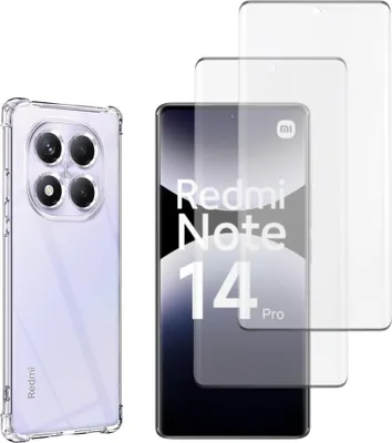 A clear product shot of a phone case and two screen protectors, with a phone displaying product information.