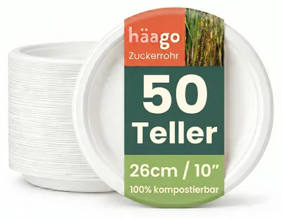 Image de HAAGO 50 Assiettes biodégradables en bagasse de canne à sucre, extra résistantes, 26 cm / 10 pouces – Grandes assiettes en carton, résistantes aux graisses et aux fuites – Assiettes biodégradables pour fêtes, assiettes jetables pour barbecues, mariages