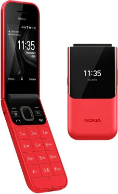 A red Nokia 2720 Flip phone is shown in two views: one open and one closed.