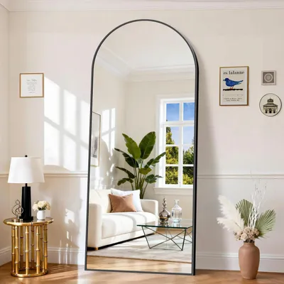 Image de Miroir mural sur pied, forme arquée, dimensions 203 x 91 cm, miroir pleine longueur, cadre en aluminium noir
