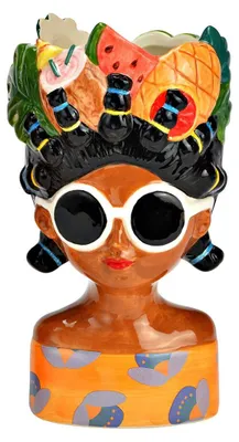 Produktbild von Blumentopf/Vase weiblicher Kopf - tropische Dame mit Frucht - Keramik - 10 x 20 cm