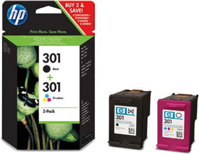 Zdjęcie produktu dla HP 301 zestaw 2 oryginalnych wkładów atramentowych: czarny/trójkolorowy, Standardowa wydajność, Czarny, Cyjan, Purpurowy, Żółty, Tusz na bazie pigmentu, Atrament barwnikowy, 3 ml, 3 ml