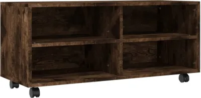 A dark brown, four-compartment storage unit with wheels, shown from the front.