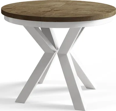 Immagine prodotto di Tavolo rotondo per sala da pranzo LOFT, diametro tavolo allungabile: 120 cm/200 cm, colore tavolo da soggiorno: marrone scuro, con gambe in metallo bianco