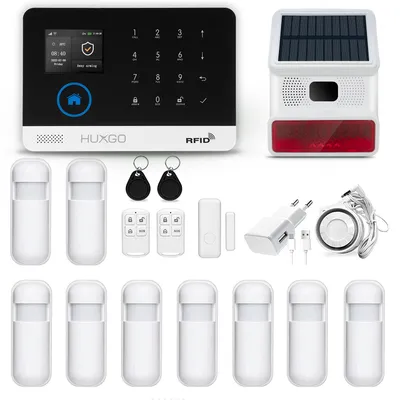 Produktbild von HUXGO HXA003 WLAN + GSM 4G LTE Funk Alarmanlage mit 9 Bewegungssensoren + Funksirene, Alarm für Büro, Haus, Wohnung, Steuerung über das Handy, TUYA