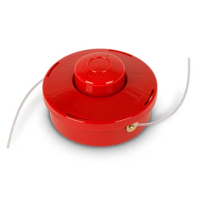 A red string trimmer head with white trimmer line, shown on a white background.