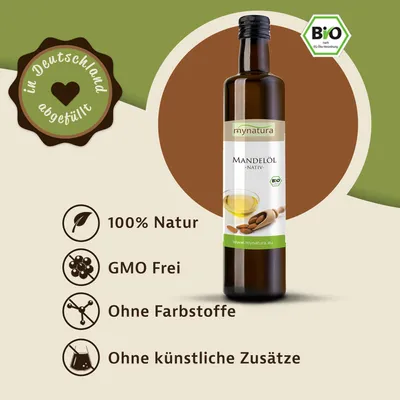 Produktbild von Mandelöl kaltgepresst – vielseitiges Pflanzenöl für Hautpflege, Haarpflege und Küche | Mynatura 0,5L