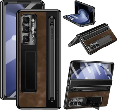 Image de Etui pour Samsung Galaxy Z Fold 5 avec protection de la lentille et de la charnière en métal, support en cuir vintage avec support pour stylo S et protection de l'écran Café