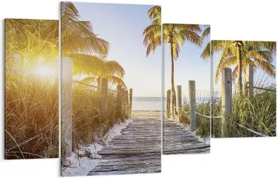 Produktbild von Bild auf Leinwand - Leinwandbild - 4 Teile - Strand Palmen Fußgängerbrücke - 120x70cm - Wand Bild - Wanddeko - Wandbilder - Leinwanddruck - Bilder - Wanddekoration - Leinwand bilder - DL120x70-4171