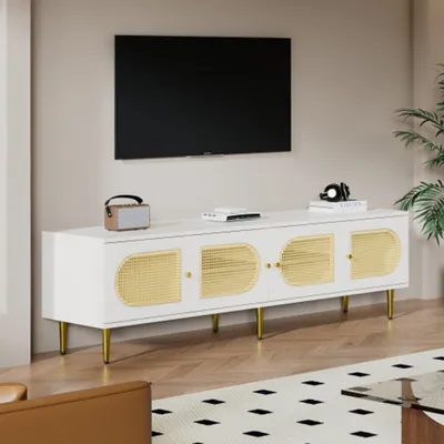 Produktbild von TV-Schrank, 4 Rattan-Türen, verstellbare Einlegeböden und Kabelmanagement für Fernseher bis 80 Zoll, TV-Schrank,Lowboards 180x40x50 cm