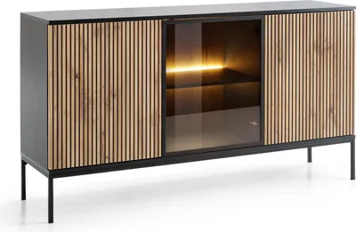 Produktbild von BETTSO Nowoczesna komoda z oświetleniem LED przeszklona trzydrzwiowa elegancka ryflowana SENTINO 154cm Czarny + Dąb wotan