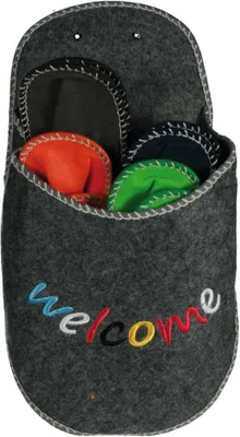 A gray felt slipper with the word "welcome" embroidered on it in multiple colors. Inside the slipper are four pairs of colorful inserts.