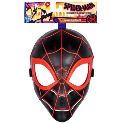 A Spider-Man Miles Morales mask is displayed against a white background, with its packaging visible above.