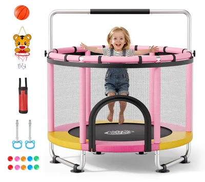 Obrázok produktu pre VEVOR Mini trampolína pre deti s nosnosťou 60 kg, bezpečnostná sieť 150 cm, záhradná trampolína pre vonkajšie použitie s basketbalovým košom, basketbalom a gymnastickými kruhmi pre deti, ideálna ako vianočný alebo narodeninový darček