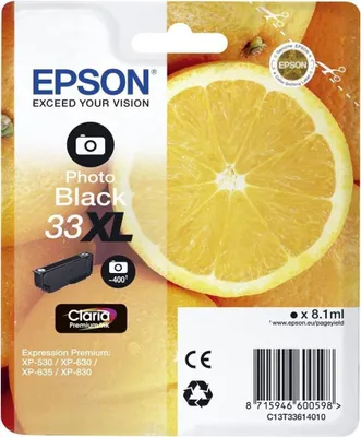 Zdjęcie produktu dla Epson Oranges Singlepack Photo Black 33XL Claria Premium Ink, Wysoka (XL) wydajność, Czarny fotograficzny, Atrament barwnikowy, 8,1 ml, 1 szt., 650 stron(y)