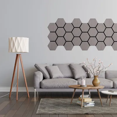Produktbild von Homestyle4u Wandpaneel 62x76 4er Set Akustikpaneele Holz Wandpaneele Grau Hexagon Paneele Wohnzimmer Deckenpaneele Wandverkleidung