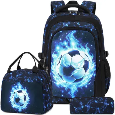 Image de Sac à dos pour enfants, garçons, 3 pièces, ergonomique, motif éclair football, couleur bleu, marque Oxford