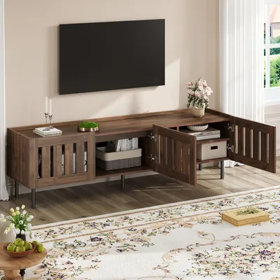 Zdjęcie produktu dla Fortuna Lai 160*40*47 cm Niskie szafki, minimalistyczna szafka pod telewizor, stojak pod telewizor w kolorze orzechowym, szafka z ażurowym wzorem, szafka pod telewizor odpowiednia dla telewizorów 65-calowych, MDF