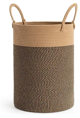 Obrázek produktu pro Koš na prádlo, pletený z bavlněné šňůry, s rukojeťmi, rozměry 35 x 50 cm, barva: černá/hnědá