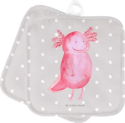 Produktbild von Mr. & Mrs. Panda Topfuntersetzer Axolotl Glücklich - Grau Pastell - Geschenk, Schwanzlurch, Lebensfroh, Gute Laune, Kochlappen, Lurch, Doppel Topflappen, Motivation