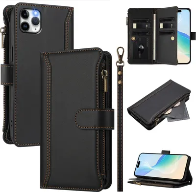 Image de Etui pour iPhone 11 Pro Max, étui portefeuille zippé en cuirPolyuréthaneavec pochettes pour cartes, support et dragonne noir