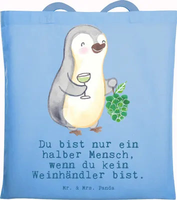 Produktbild von Mr. & Mrs. Panda Stoffbeutel Weinhändler Herz - Sky Blue - Geschenk, canvas tasche, Tragetasche, Jutebeutel, Schultasche, Tote Bag