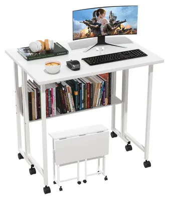 Produktbild von Klappbarer Schreibtisch - Laptoptisch mit Monitorablage - Für kleine Räume - Mit Rollen - Metallgestell - Rechteckig - Weiß